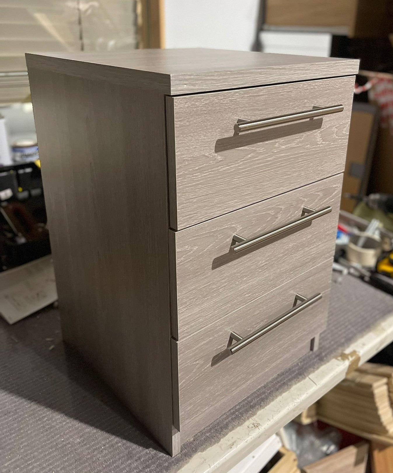 Assembled Brisbane 3 Drawer Bedside – Grey Oak